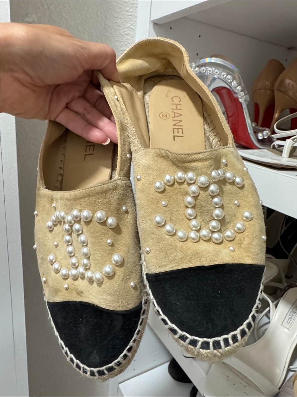CHANEL Beige and Black Pearl-Embellished Suede Espadrilles